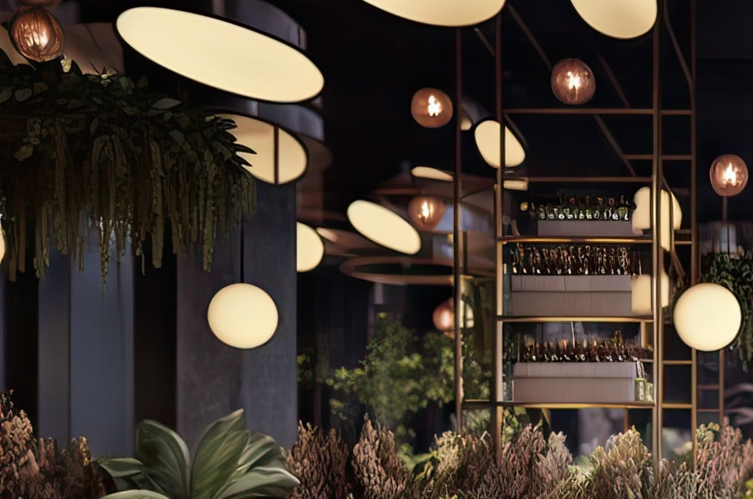 Luxurious Restaurant Interior with Tables, Chairs, Lights, and Plants. Photo generative AI